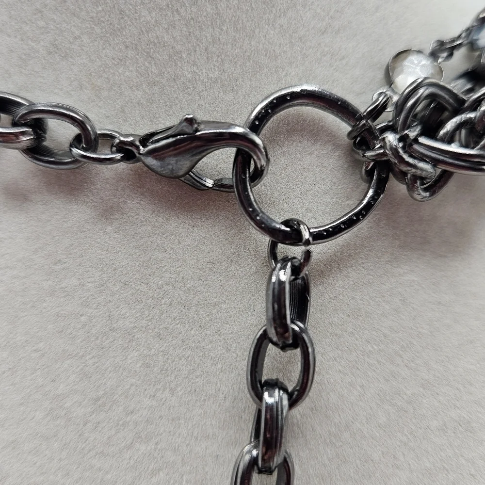 VINTAGE Talbots Gun Metal Multi Strand Chain Clear Stone Beaded Necklace